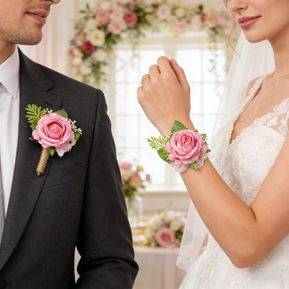 2 PCS Pink Rose Corsage and Boutonniere Set