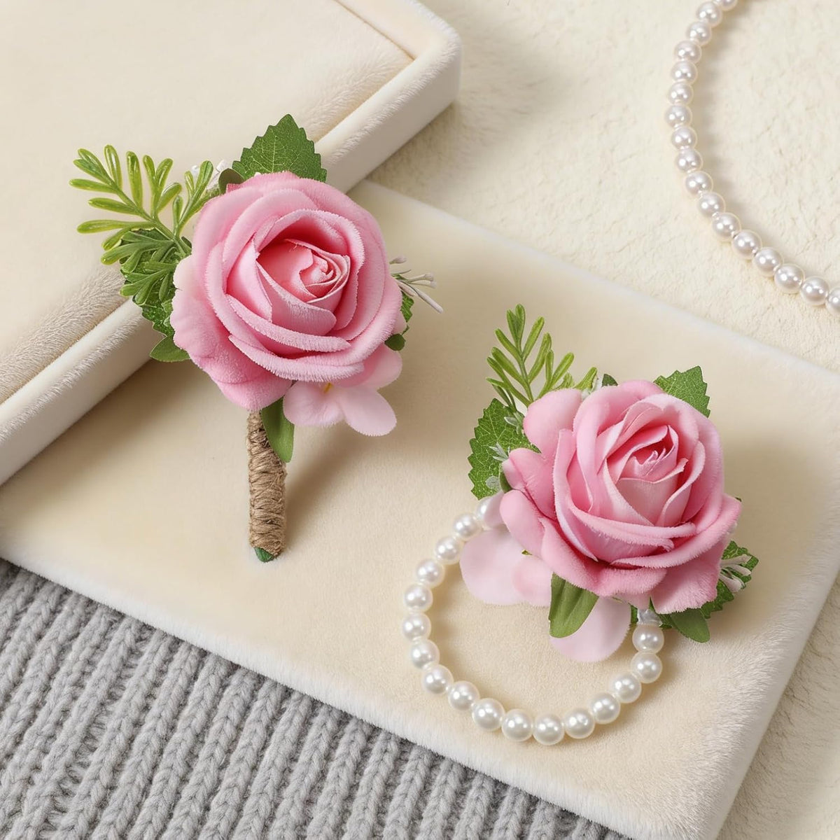 2 PCS Pink Rose Corsage and Boutonniere Set