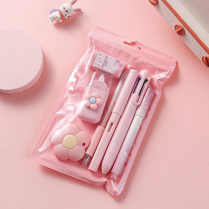 7 Pcs Cute Pink Stationery Set Kawaii School Supplies Office Supplies Including Ballpoint Pens Pencil Sharpener Highlighter Correction Tape Ruler Utility Knife (Pink)