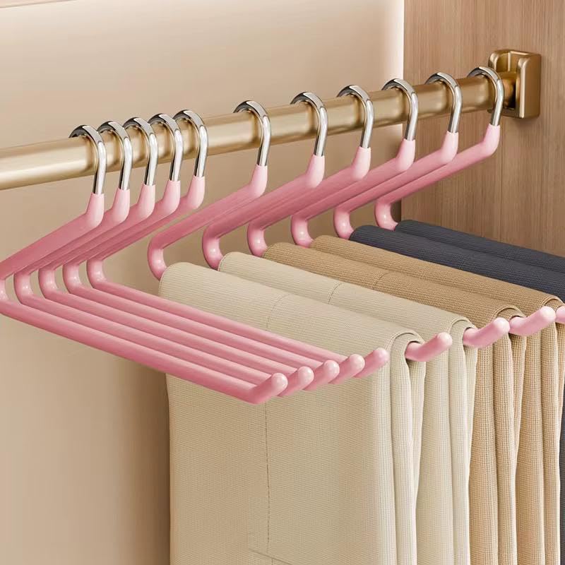 Space Saving Pants Hangers 10 Pack – Non Slip Pants Hangers for Jeans & Trousers, Heavy Duty Metal Clothes Hangers for Pants, Closet Organizer for Home (Pink)