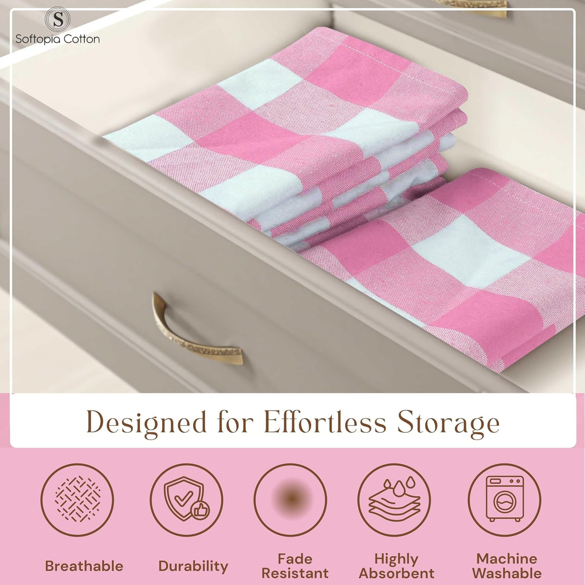Buffalo Check 12 Pack Kitchen Towels, 16"x26", Plaid Dish Towels, 100% Cotton, Absorbent, Washable, Everyday Kitchen Essentials, Soft Cloths for Cleaning, Drying Hands, Pink White