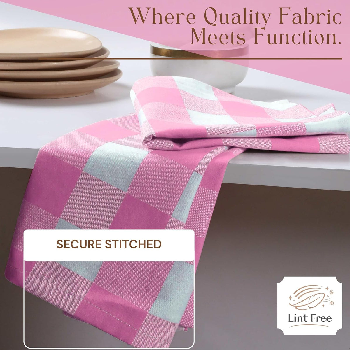 Buffalo Check 12 Pack Kitchen Towels, 16"x26", Plaid Dish Towels, 100% Cotton, Absorbent, Washable, Everyday Kitchen Essentials, Soft Cloths for Cleaning, Drying Hands, Pink White