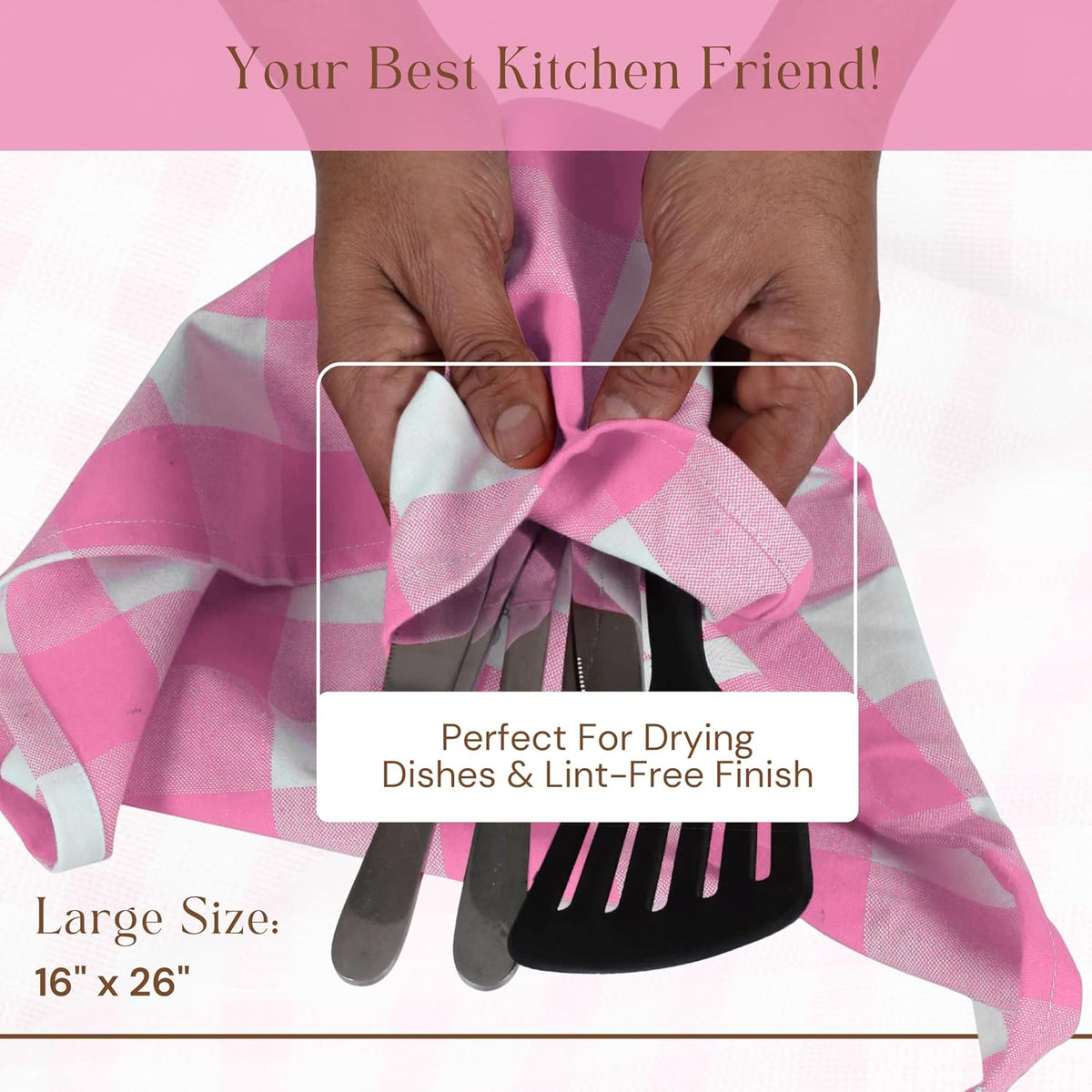 Buffalo Check 12 Pack Kitchen Towels, 16"x26", Plaid Dish Towels, 100% Cotton, Absorbent, Washable, Everyday Kitchen Essentials, Soft Cloths for Cleaning, Drying Hands, Pink White