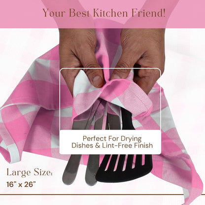 Buffalo Check 12 Pack Kitchen Towels, 16"x26", Plaid Dish Towels, 100% Cotton, Absorbent, Washable, Everyday Kitchen Essentials, Soft Cloths for Cleaning, Drying Hands, Pink White