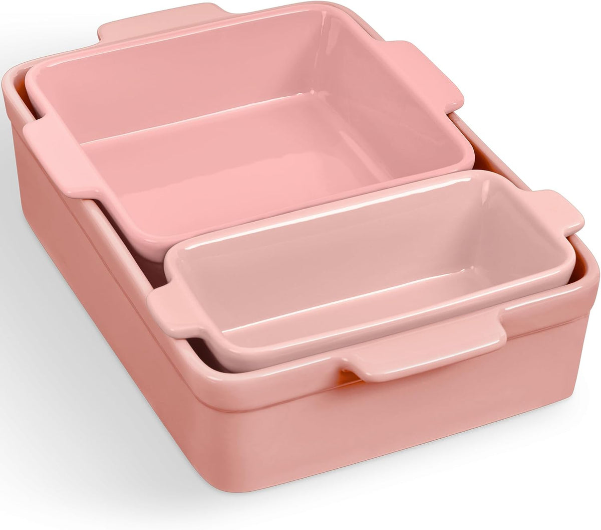 3-Piece Ceramic Bakeware Set, Stoneware Baking Dishes, Porcelain Casserole Bakeware Dishes, Serving Dishes - 9x12 Casserole, Loaf Pan, 8x8 Baking Dish - Pink Champagne