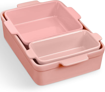 3-Piece Ceramic Bakeware Set, Stoneware Baking Dishes, Porcelain Casserole Bakeware Dishes, Serving Dishes - 9x12 Casserole, Loaf Pan, 8x8 Baking Dish - Pink Champagne