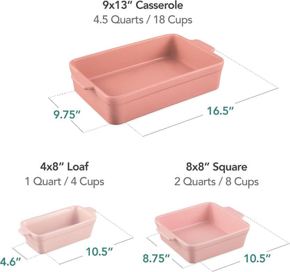 3-Piece Ceramic Bakeware Set, Stoneware Baking Dishes, Porcelain Casserole Bakeware Dishes, Serving Dishes - 9x12 Casserole, Loaf Pan, 8x8 Baking Dish - Pink Champagne