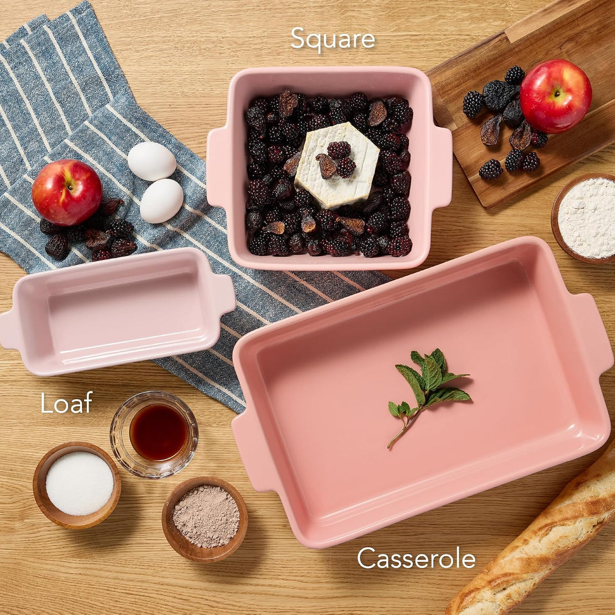 3-Piece Ceramic Bakeware Set, Stoneware Baking Dishes, Porcelain Casserole Bakeware Dishes, Serving Dishes - 9x12 Casserole, Loaf Pan, 8x8 Baking Dish - Pink Champagne