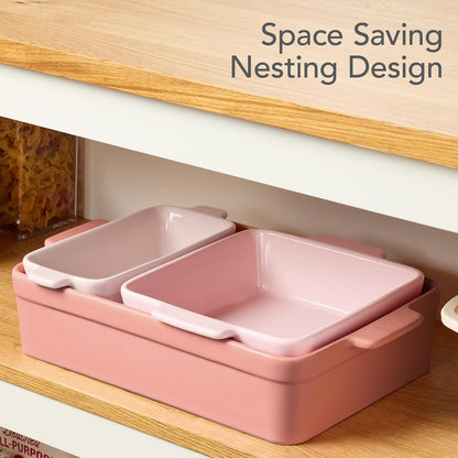 3-Piece Ceramic Bakeware Set, Stoneware Baking Dishes, Porcelain Casserole Bakeware Dishes, Serving Dishes - 9x12 Casserole, Loaf Pan, 8x8 Baking Dish - Pink Champagne
