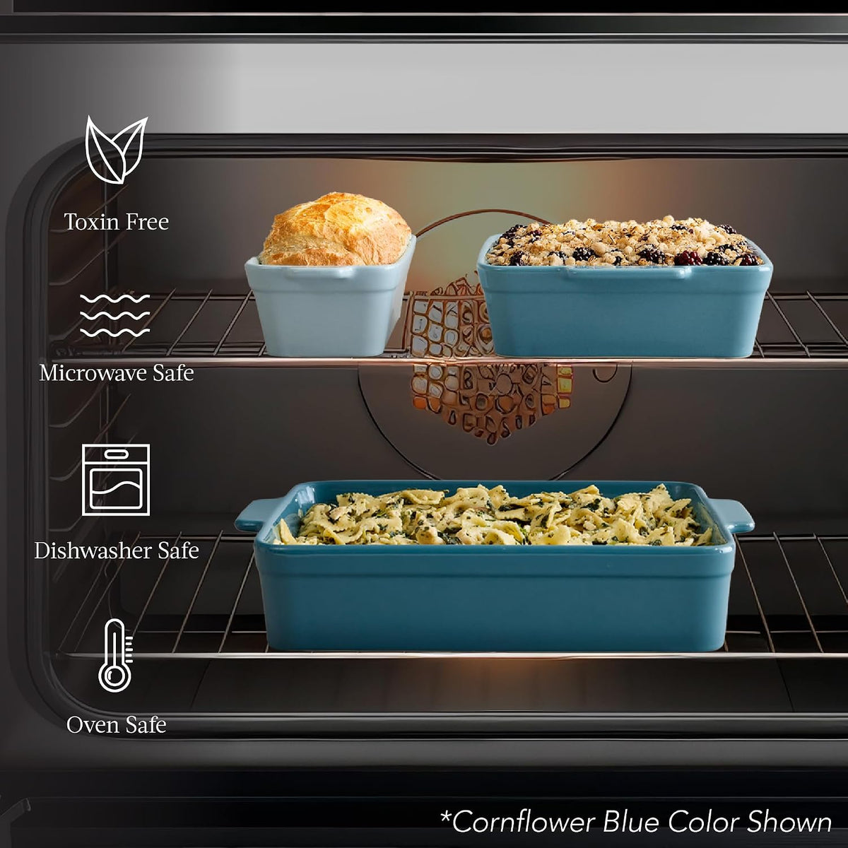 3-Piece Ceramic Bakeware Set, Stoneware Baking Dishes, Porcelain Casserole Bakeware Dishes, Serving Dishes - 9x12 Casserole, Loaf Pan, 8x8 Baking Dish - Pink Champagne