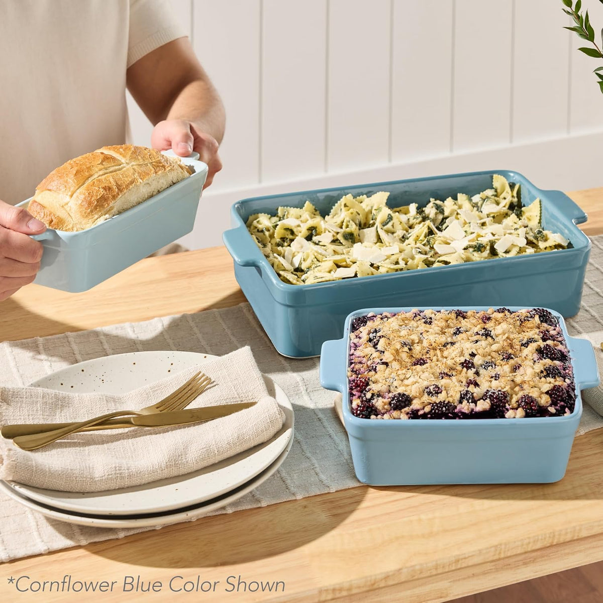3-Piece Ceramic Bakeware Set, Stoneware Baking Dishes, Porcelain Casserole Bakeware Dishes, Serving Dishes - 9x12 Casserole, Loaf Pan, 8x8 Baking Dish - Pink Champagne