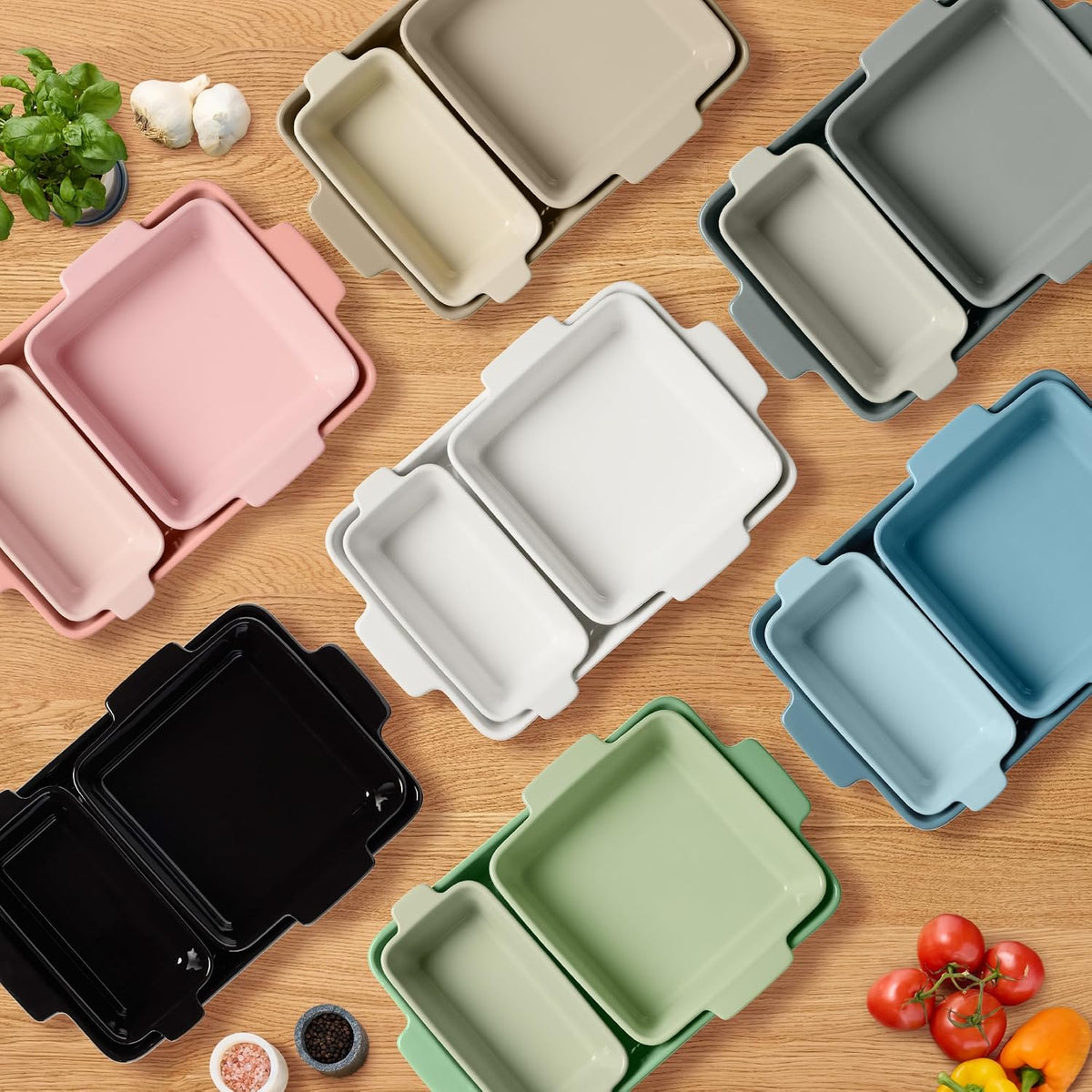 3-Piece Ceramic Bakeware Set, Stoneware Baking Dishes, Porcelain Casserole Bakeware Dishes, Serving Dishes - 9x12 Casserole, Loaf Pan, 8x8 Baking Dish - Pink Champagne
