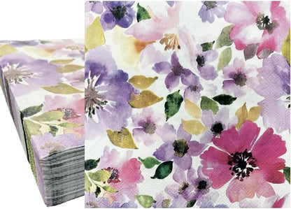 Ottin Watercolor Pink & Purple Flower Paper Napkins 50 pcs, 3-Ply, 6.5'' Disposable Floral Luncheon Napkins for Spring Party, Bridal Shower, Wedding, Engagement, Birthday, Tea Party