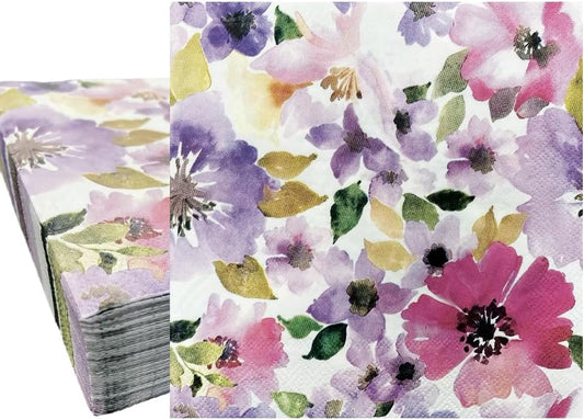 Ottin Watercolor Pink & Purple Flower Paper Napkins 50 pcs, 3-Ply, 6.5'' Disposable Floral Luncheon Napkins for Spring Party, Bridal Shower, Wedding, Engagement, Birthday, Tea Party