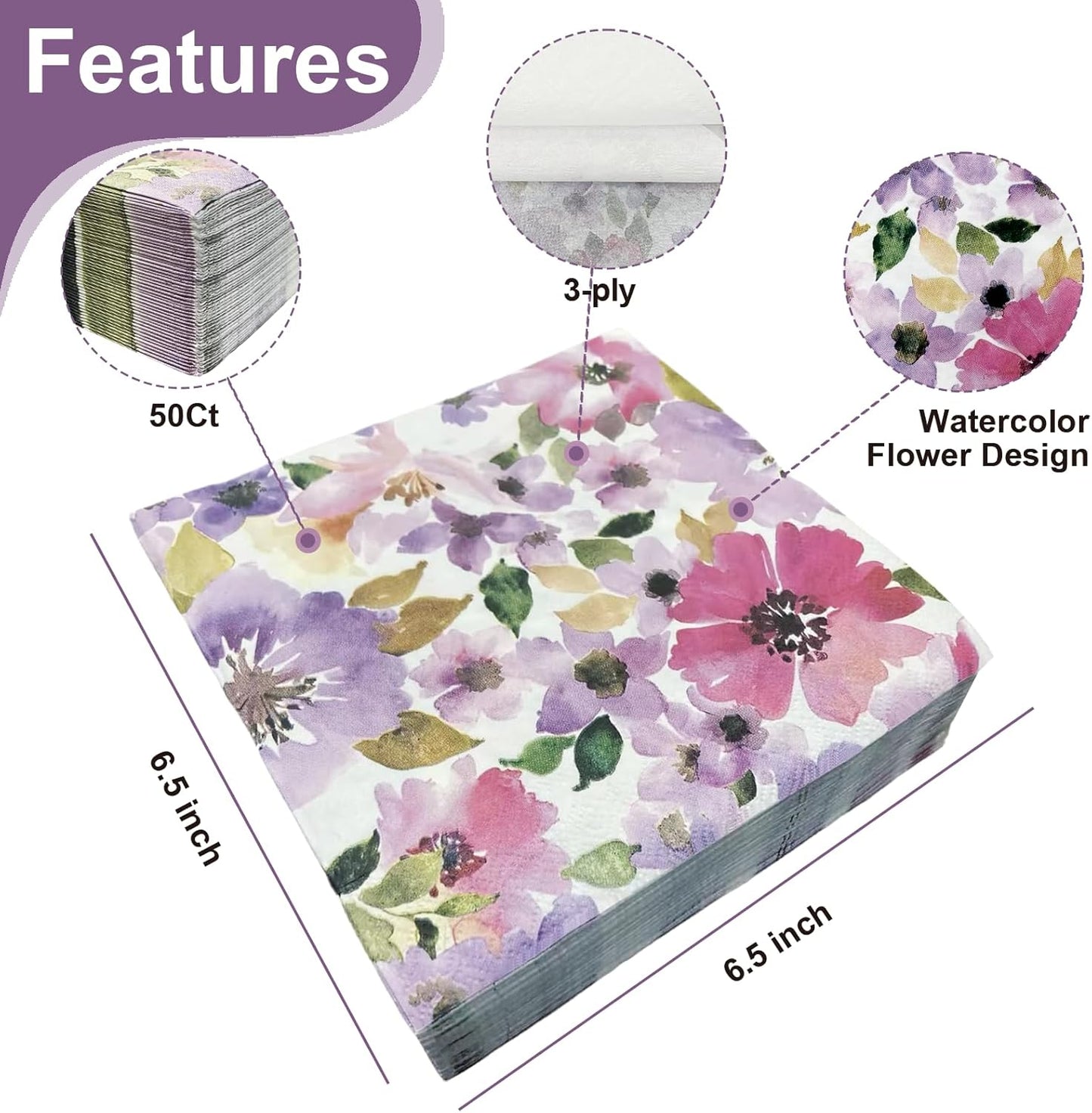 Ottin Watercolor Pink & Purple Flower Paper Napkins 50 pcs, 3-Ply, 6.5'' Disposable Floral Luncheon Napkins for Spring Party, Bridal Shower, Wedding, Engagement, Birthday, Tea Party