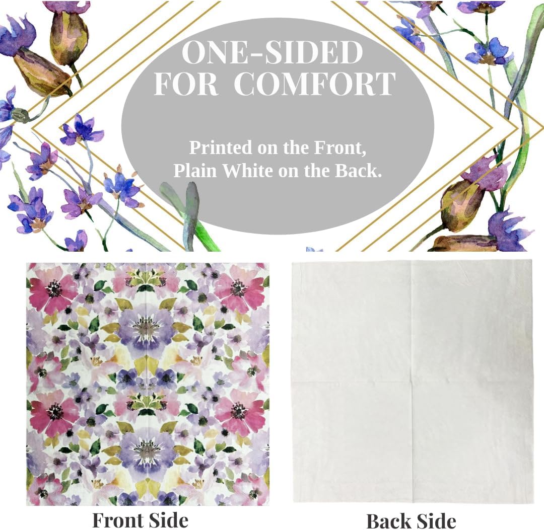 Ottin Watercolor Pink & Purple Flower Paper Napkins 50 pcs, 3-Ply, 6.5'' Disposable Floral Luncheon Napkins for Spring Party, Bridal Shower, Wedding, Engagement, Birthday, Tea Party
