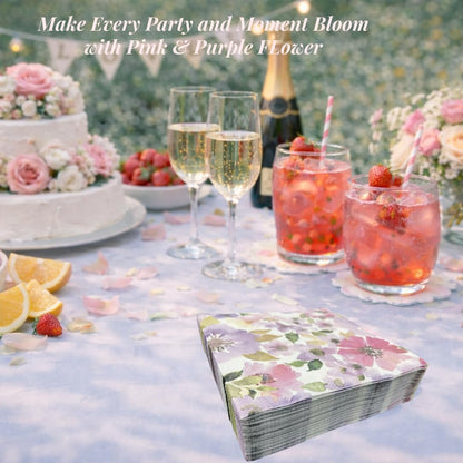Ottin Watercolor Pink & Purple Flower Paper Napkins 50 pcs, 3-Ply, 6.5'' Disposable Floral Luncheon Napkins for Spring Party, Bridal Shower, Wedding, Engagement, Birthday, Tea Party