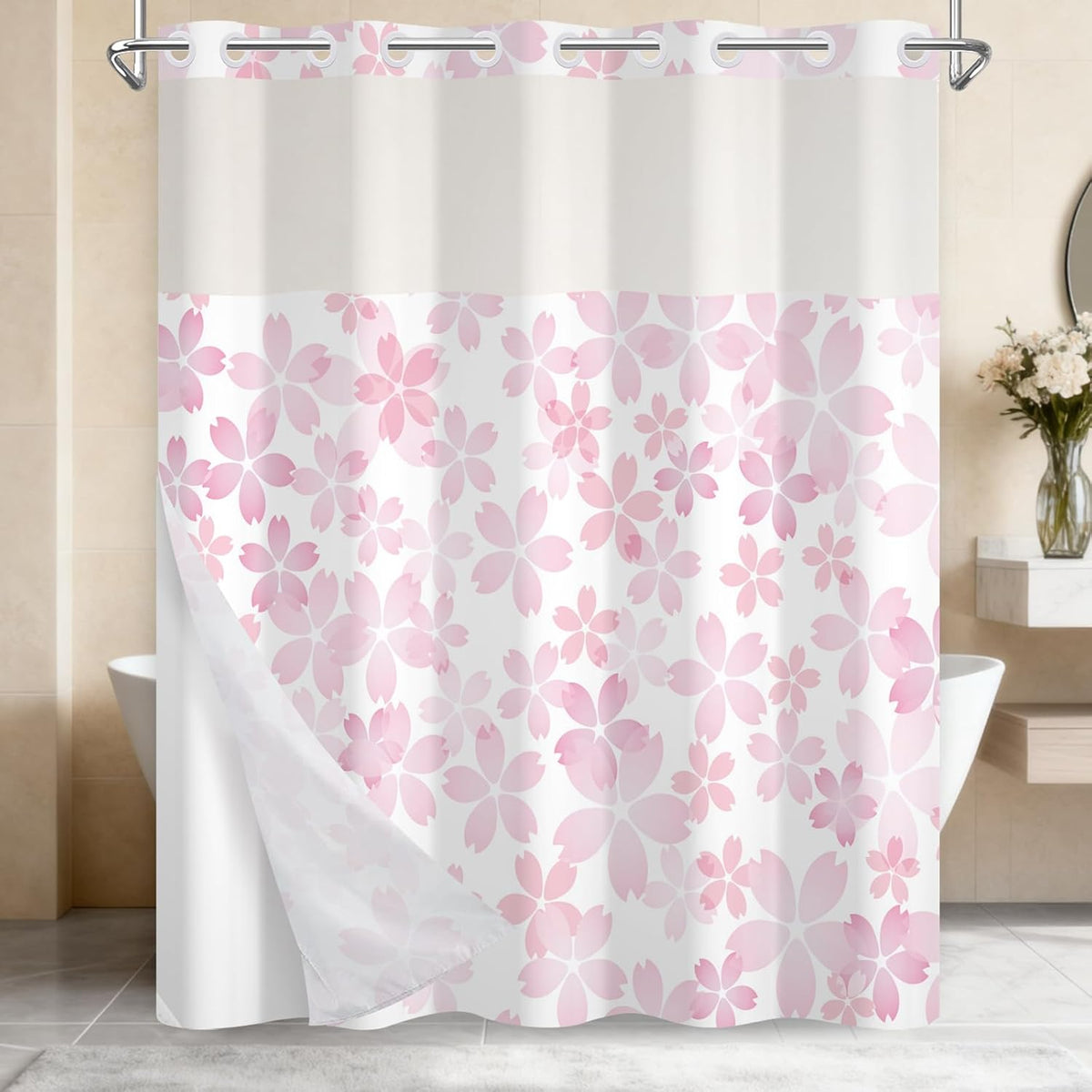 Cherry Blossom Pink Shower Curtain with See Through Window, No Hook Cute Shower Curtain with Weighted Snap On Liner, Double-Layer Waterproof Farmhouse Shower Curtains for Bathroom, 71"W x 74"L