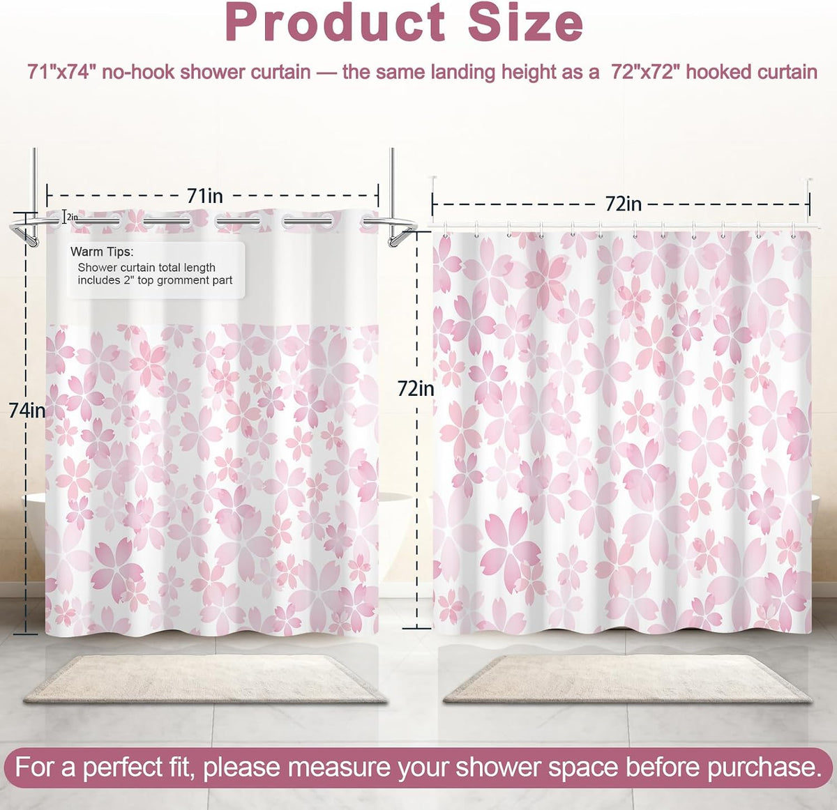 Cherry Blossom Pink Shower Curtain with See Through Window, No Hook Cute Shower Curtain with Weighted Snap On Liner, Double-Layer Waterproof Farmhouse Shower Curtains for Bathroom, 71"W x 74"L