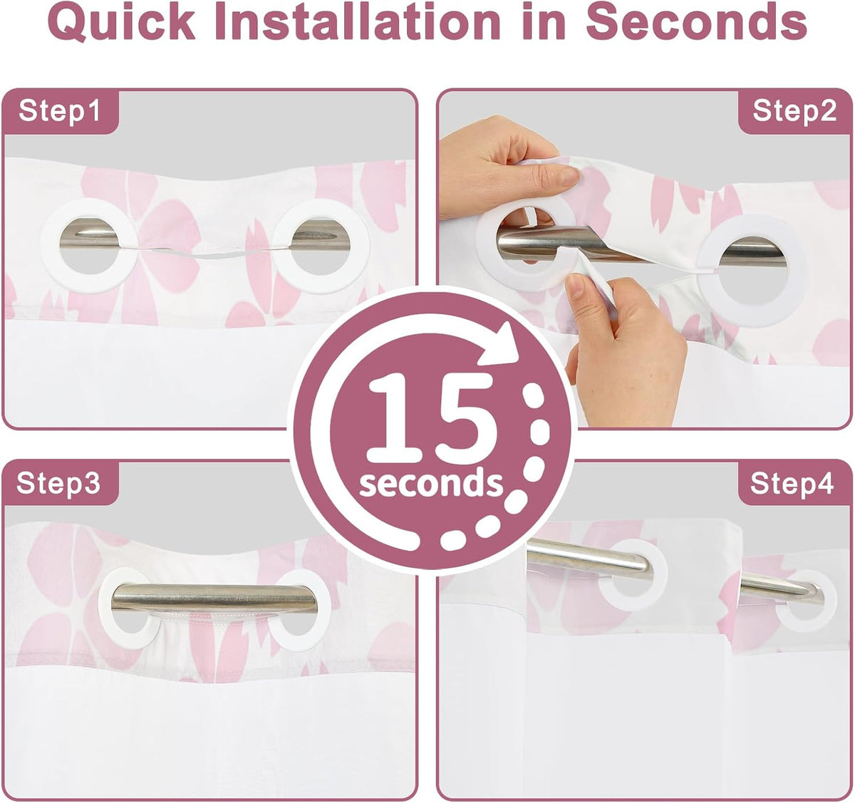 Cherry Blossom Pink Shower Curtain with See Through Window, No Hook Cute Shower Curtain with Weighted Snap On Liner, Double-Layer Waterproof Farmhouse Shower Curtains for Bathroom, 71"W x 74"L