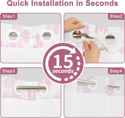Cherry Blossom Pink Shower Curtain with See Through Window, No Hook Cute Shower Curtain with Weighted Snap On Liner, Double-Layer Waterproof Farmhouse Shower Curtains for Bathroom, 71"W x 74"L