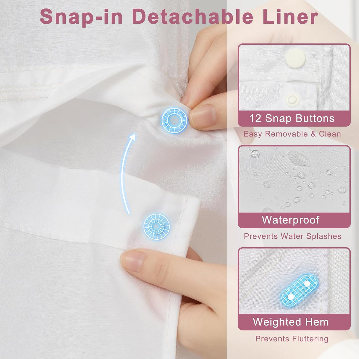 Cherry Blossom Pink Shower Curtain with See Through Window, No Hook Cute Shower Curtain with Weighted Snap On Liner, Double-Layer Waterproof Farmhouse Shower Curtains for Bathroom, 71"W x 74"L