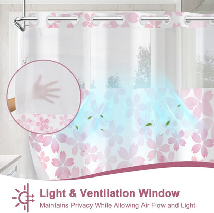 Cherry Blossom Pink Shower Curtain with See Through Window, No Hook Cute Shower Curtain with Weighted Snap On Liner, Double-Layer Waterproof Farmhouse Shower Curtains for Bathroom, 71"W x 74"L