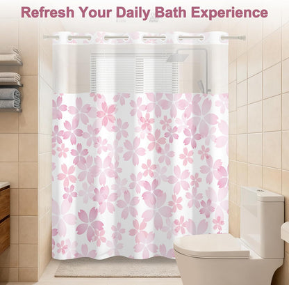 Cherry Blossom Pink Shower Curtain with See Through Window, No Hook Cute Shower Curtain with Weighted Snap On Liner, Double-Layer Waterproof Farmhouse Shower Curtains for Bathroom, 71"W x 74"L
