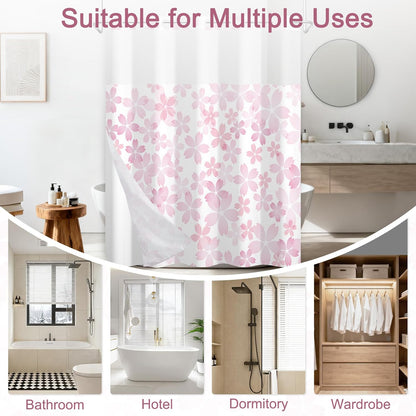 Cherry Blossom Pink Shower Curtain with See Through Window, No Hook Cute Shower Curtain with Weighted Snap On Liner, Double-Layer Waterproof Farmhouse Shower Curtains for Bathroom, 71"W x 74"L