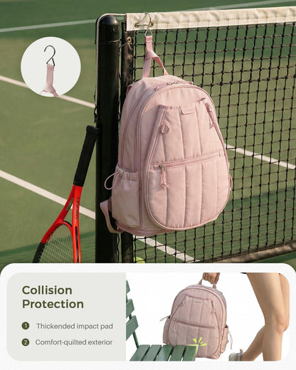 Quilted Tennis Gym Backpack for women Tennis Bag Holds 2 Rackets with Top Panel & Ventilated Shoe Compartment Sports Duffle Bags with Wet Pocket & Fence Hook