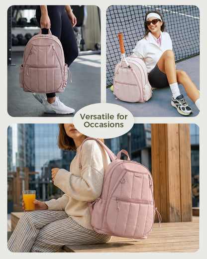Quilted Tennis Gym Backpack for women Tennis Bag Holds 2 Rackets with Top Panel & Ventilated Shoe Compartment Sports Duffle Bags with Wet Pocket & Fence Hook