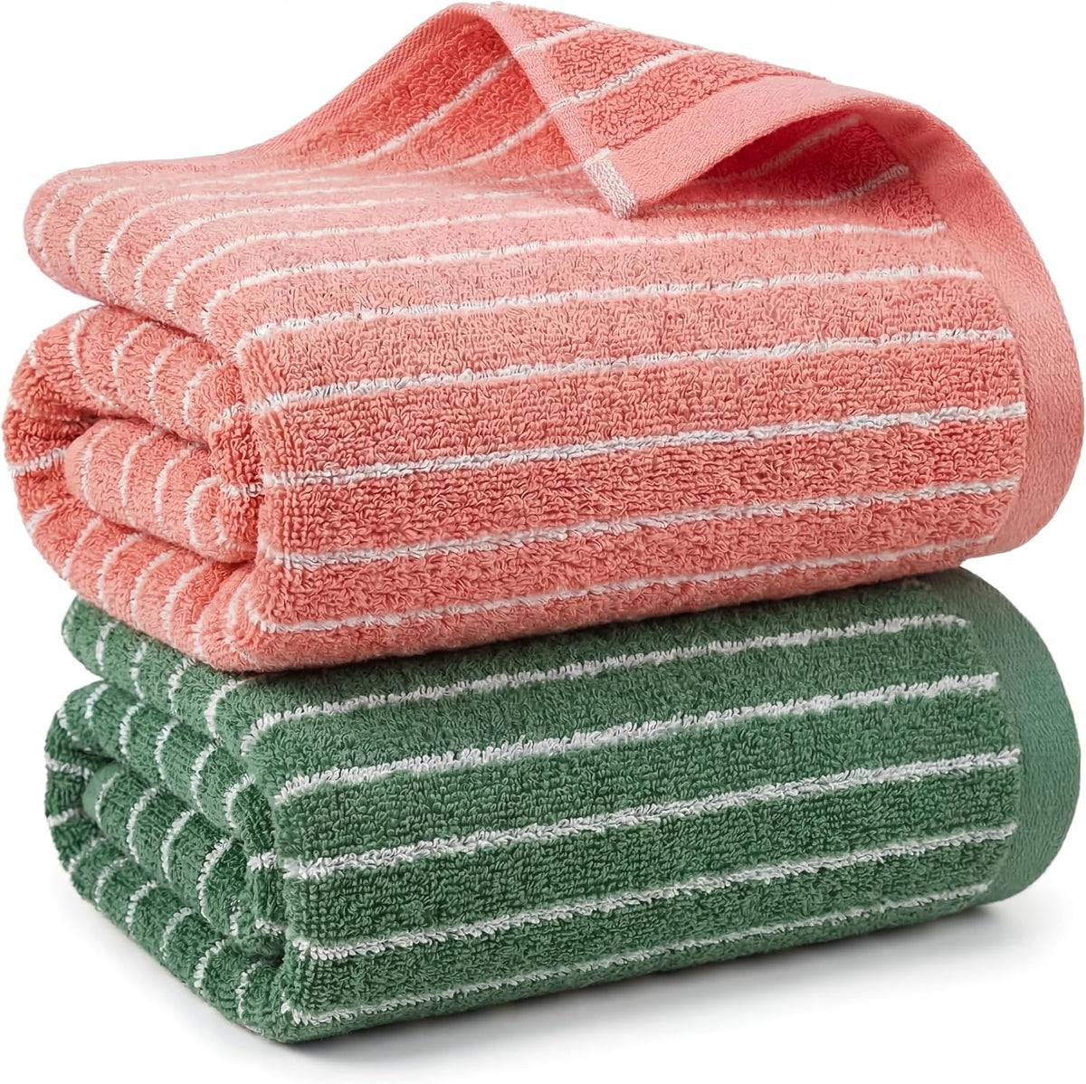 2 Pack Striped Bath Towels 27.5 x 55 Inch, 100% Cotton Soft Highly Absorbent Large Bathroom Towel Quick Dry & Lint-Free Towels for Beach,Gym, Hotel Pool Body Spa(Pink, Green)