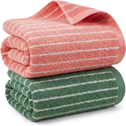 2 Pack Striped Bath Towels 27.5 x 55 Inch, 100% Cotton Soft Highly Absorbent Large Bathroom Towel Quick Dry & Lint-Free Towels for Beach,Gym, Hotel Pool Body Spa(Pink, Green)
