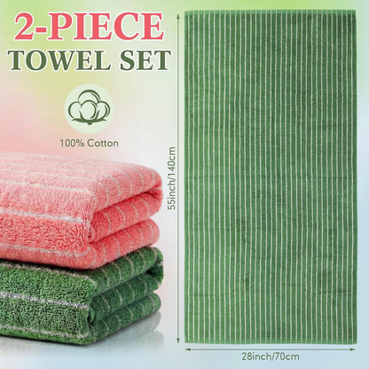 2 Pack Striped Bath Towels 27.5 x 55 Inch, 100% Cotton Soft Highly Absorbent Large Bathroom Towel Quick Dry & Lint-Free Towels for Beach,Gym, Hotel Pool Body Spa(Pink, Green)