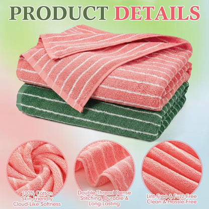 2 Pack Striped Bath Towels 27.5 x 55 Inch, 100% Cotton Soft Highly Absorbent Large Bathroom Towel Quick Dry & Lint-Free Towels for Beach,Gym, Hotel Pool Body Spa(Pink, Green)