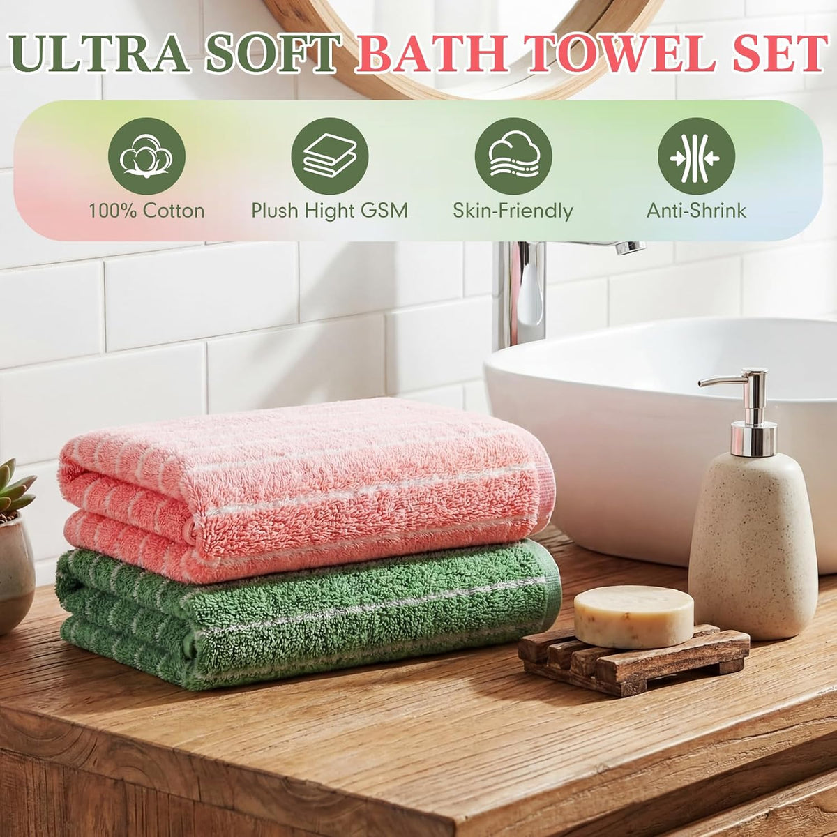 2 Pack Striped Bath Towels 27.5 x 55 Inch, 100% Cotton Soft Highly Absorbent Large Bathroom Towel Quick Dry & Lint-Free Towels for Beach,Gym, Hotel Pool Body Spa(Pink, Green)