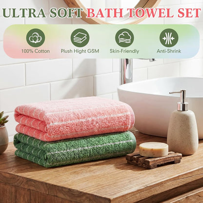 2 Pack Striped Bath Towels 27.5 x 55 Inch, 100% Cotton Soft Highly Absorbent Large Bathroom Towel Quick Dry & Lint-Free Towels for Beach,Gym, Hotel Pool Body Spa(Pink, Green)