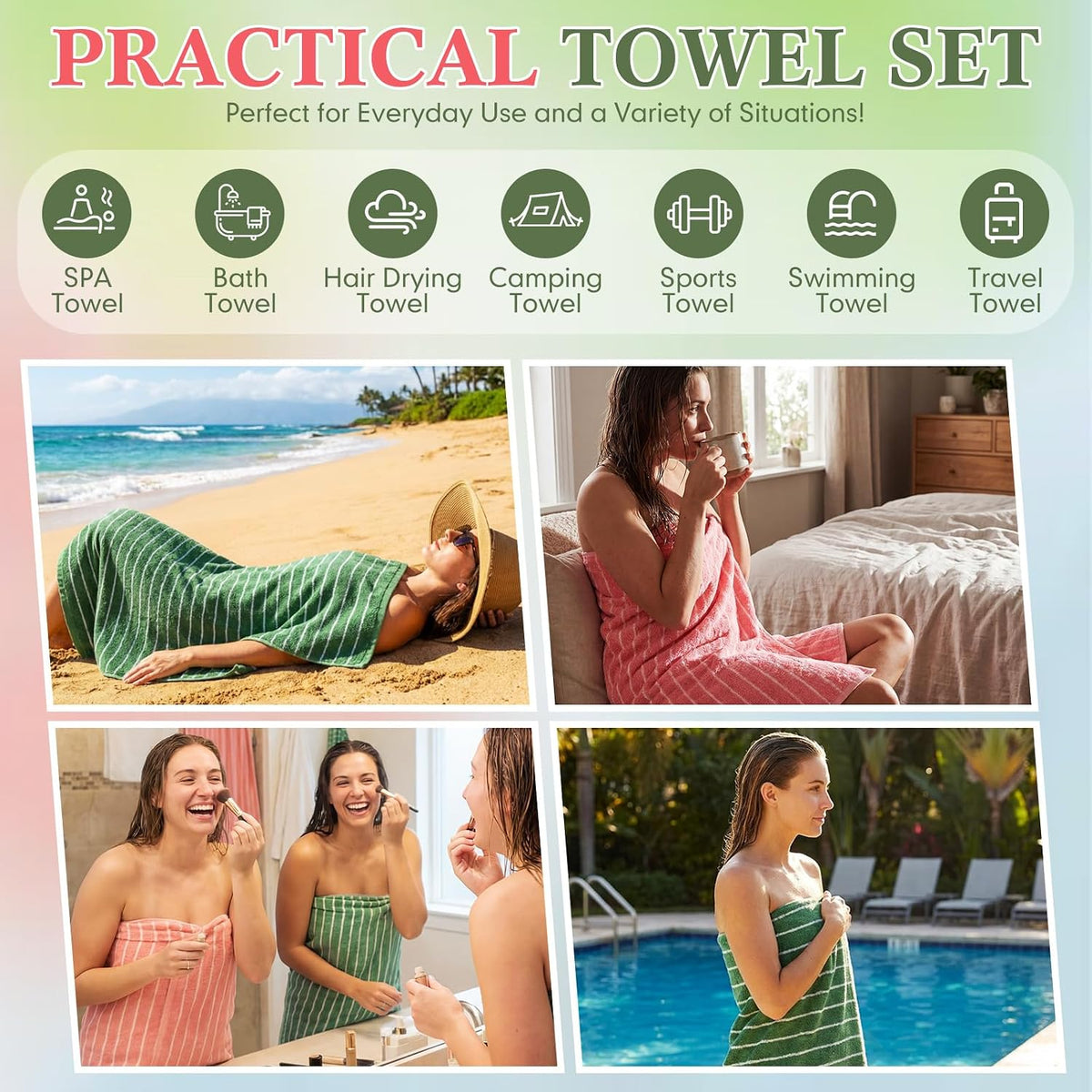 2 Pack Striped Bath Towels 27.5 x 55 Inch, 100% Cotton Soft Highly Absorbent Large Bathroom Towel Quick Dry & Lint-Free Towels for Beach,Gym, Hotel Pool Body Spa(Pink, Green)