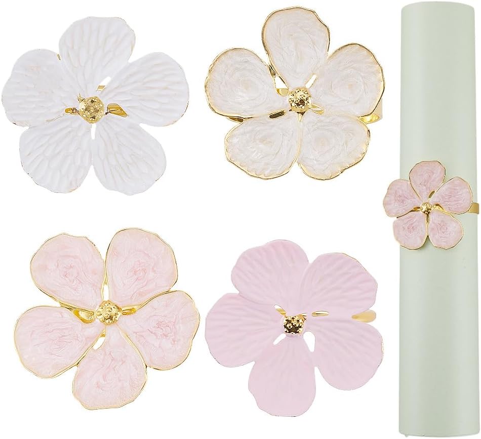 4Pcs 4 Styles Flower Napkin Ring Pink White Metal Gold Alloy Enamel Spring Farmhouse Floral Table Decoration Napkins Rings for Easter Wedding Banquet Celebration Party Dinner