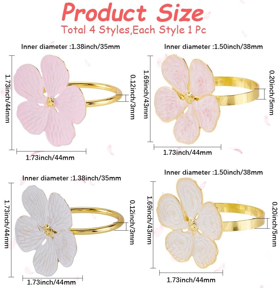 4Pcs 4 Styles Flower Napkin Ring Pink White Metal Gold Alloy Enamel Spring Farmhouse Floral Table Decoration Napkins Rings for Easter Wedding Banquet Celebration Party Dinner