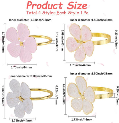 4Pcs 4 Styles Flower Napkin Ring Pink White Metal Gold Alloy Enamel Spring Farmhouse Floral Table Decoration Napkins Rings for Easter Wedding Banquet Celebration Party Dinner