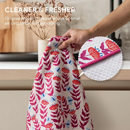 RECYCO Waffle Kitchen Towel Set of 2 - Quick Dry Microfiber Sustainable Dish Towels - Absorbent Reusable Cleaning Tea Towels - Lightweight Hand Towels,16”x 28”, Blossom Brilliance Pink