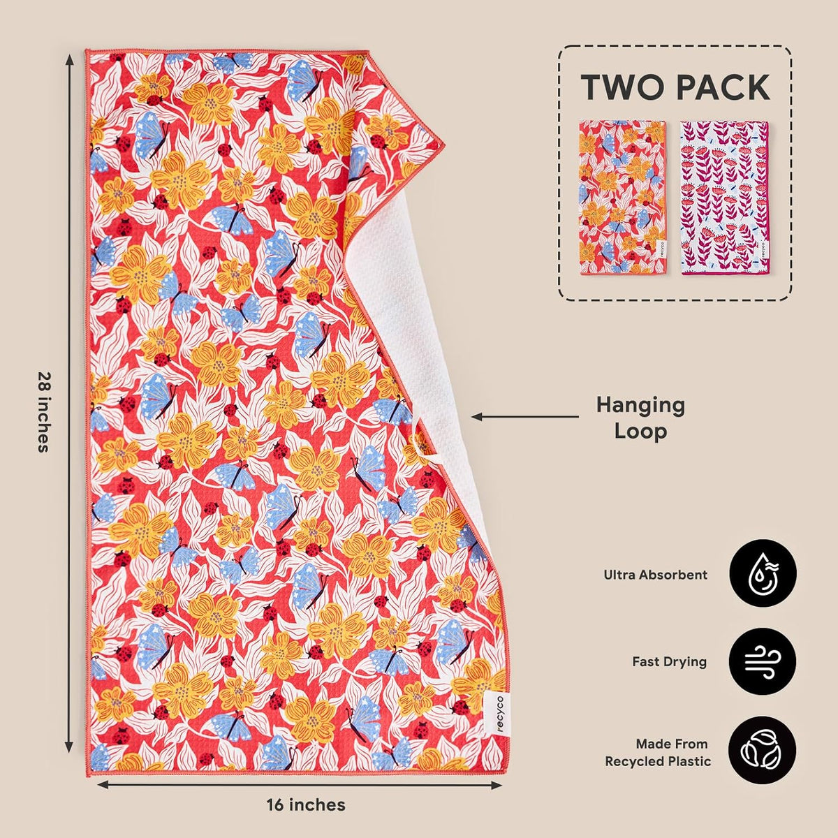 RECYCO Waffle Kitchen Towel Set of 2 - Quick Dry Microfiber Sustainable Dish Towels - Absorbent Reusable Cleaning Tea Towels - Lightweight Hand Towels,16”x 28”, Blossom Brilliance Pink