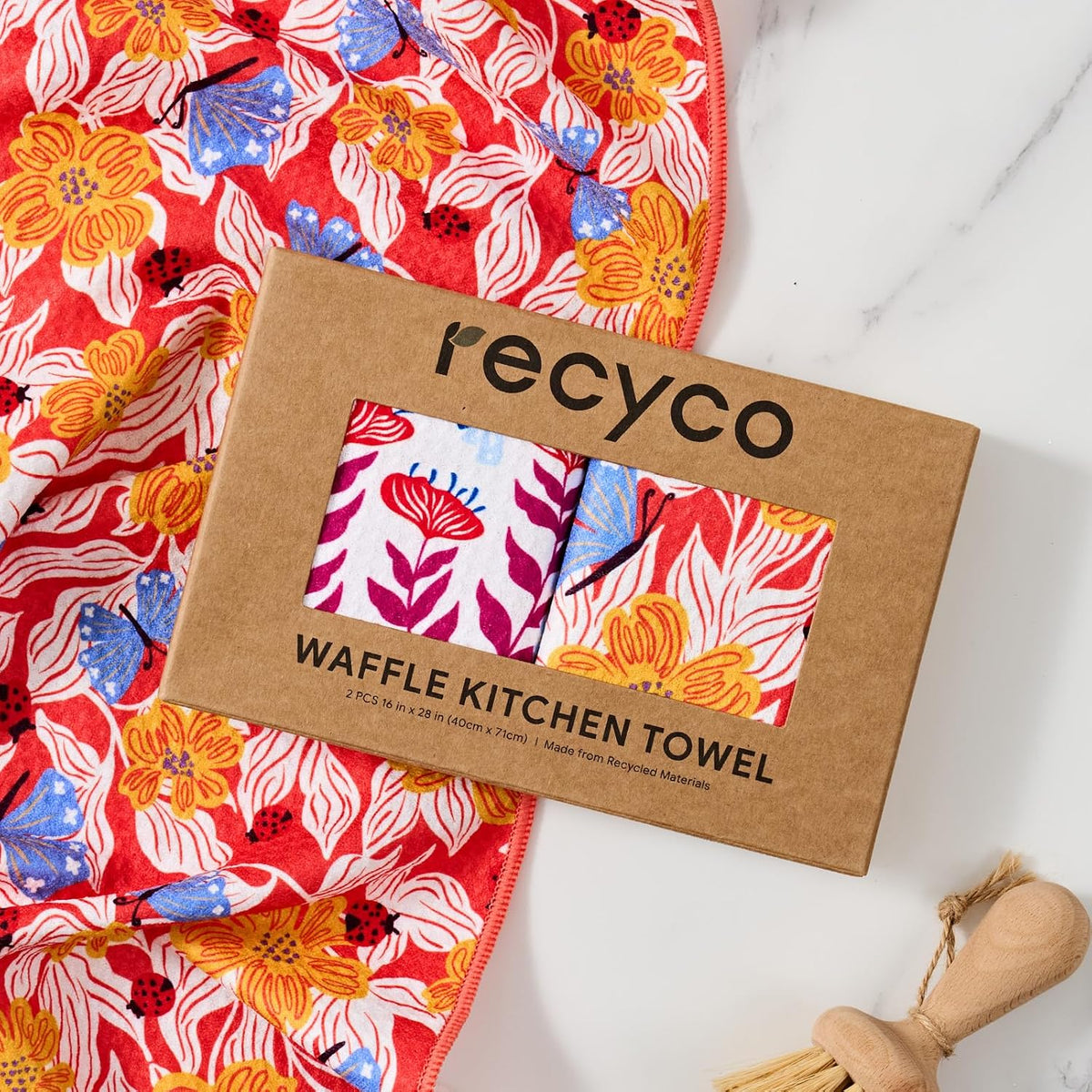 RECYCO Waffle Kitchen Towel Set of 2 - Quick Dry Microfiber Sustainable Dish Towels - Absorbent Reusable Cleaning Tea Towels - Lightweight Hand Towels,16”x 28”, Blossom Brilliance Pink