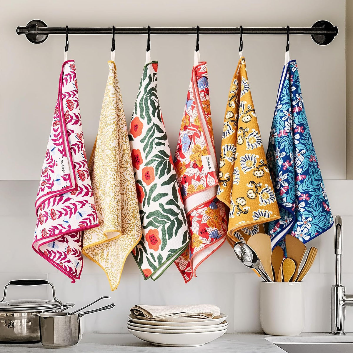 RECYCO Waffle Kitchen Towel Set of 2 - Quick Dry Microfiber Sustainable Dish Towels - Absorbent Reusable Cleaning Tea Towels - Lightweight Hand Towels,16”x 28”, Blossom Brilliance Pink