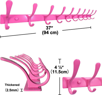 Coat Rack Wall Mounted - 10 Hooks, Heavy Duty, Stainless Steel, Metal Wall Hanger, Sturdy Coat Hooks for Hanging Coats, Jackets, Clothes, Hats - Pink
