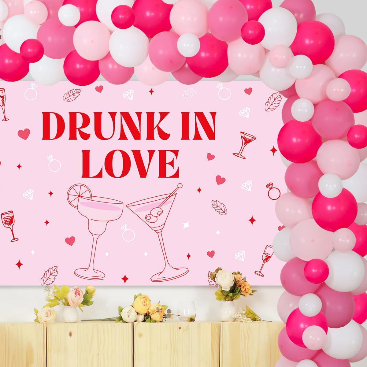 Drunk in Love Bachelorette Party Decorations Pink Drunk in Love Backdrop Balloon Garland Arch Kit Cocktail Party Decor for Women Bachelorette Bridal Shower Party Wedding Engagement Hen Party Supplies