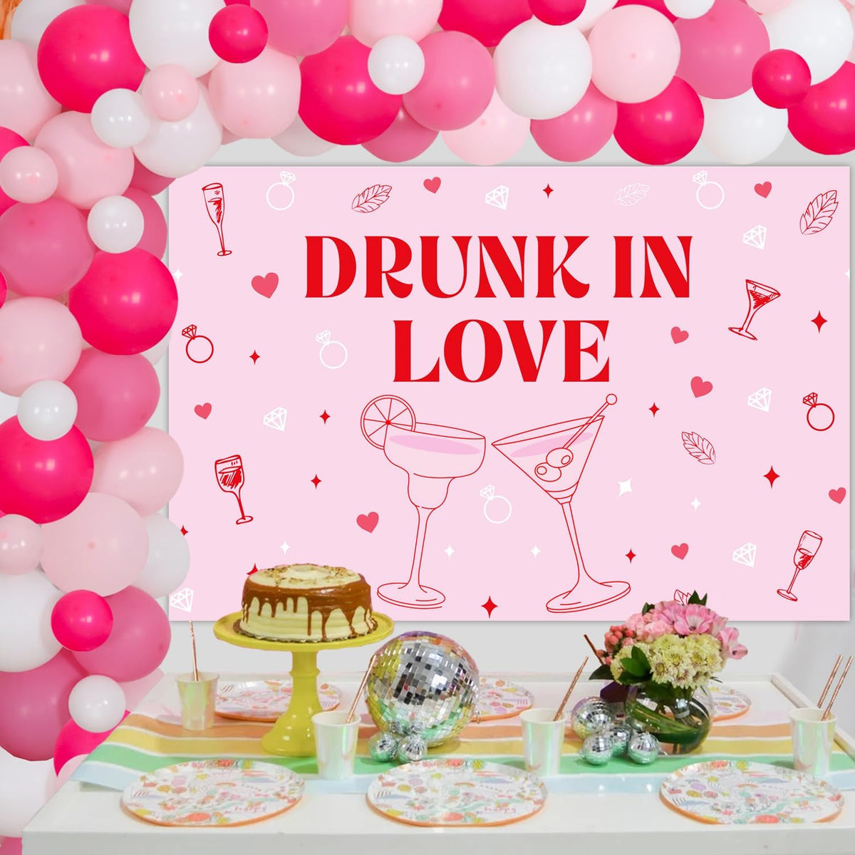 Drunk in Love Bachelorette Party Decorations Pink Drunk in Love Backdrop Balloon Garland Arch Kit Cocktail Party Decor for Women Bachelorette Bridal Shower Party Wedding Engagement Hen Party Supplies