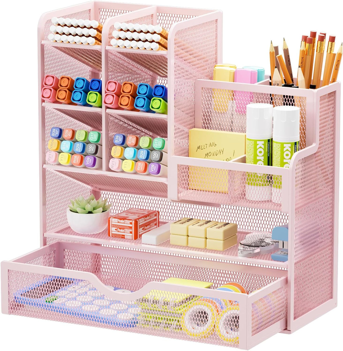 Mesh Desk Organizer with Drawer, Multi-Functional Pencil Organizer, 12 Compartments, Pink, Modern, Minimalist