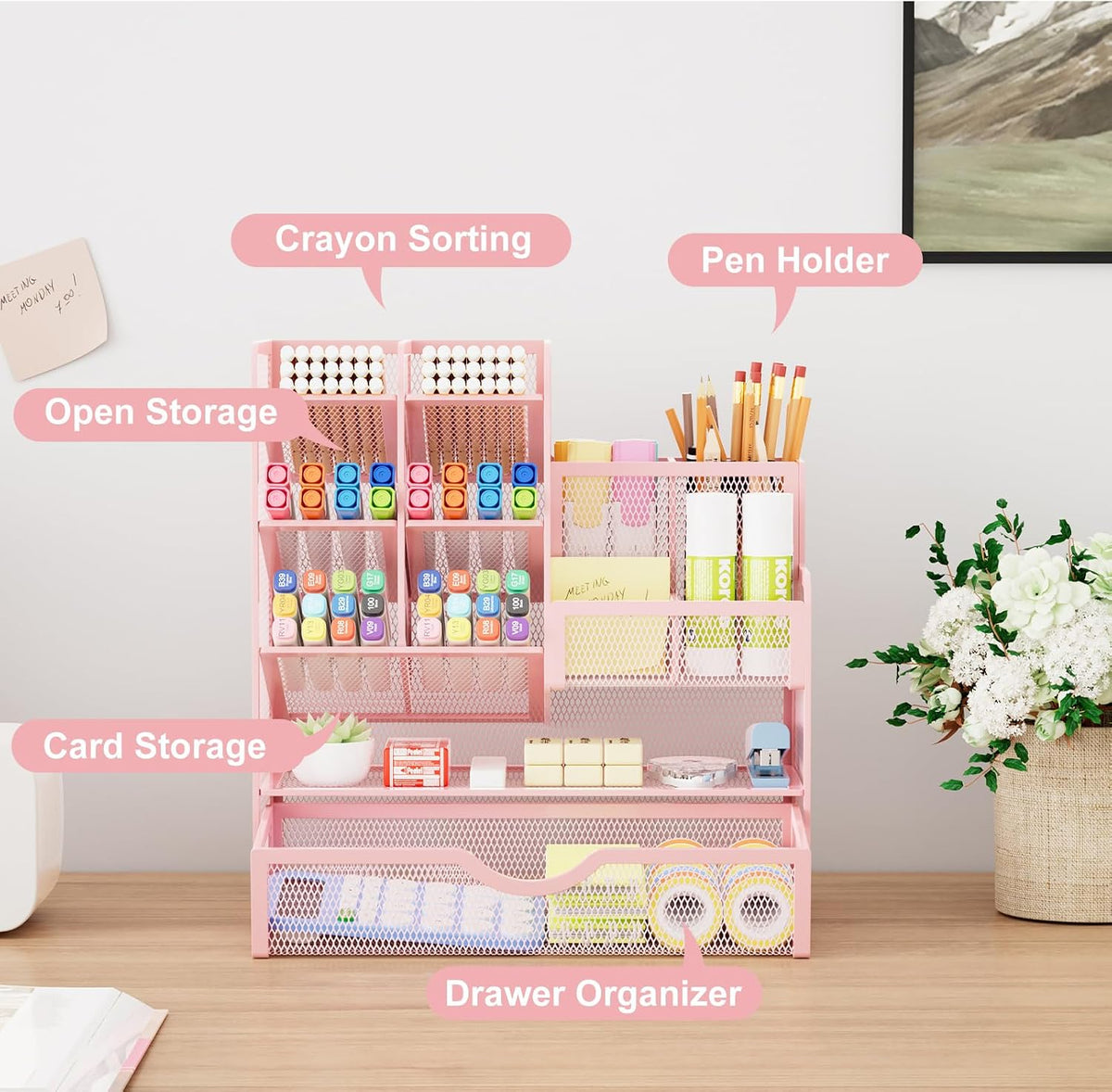 Mesh Desk Organizer with Drawer, Multi-Functional Pencil Organizer, 12 Compartments, Pink, Modern, Minimalist